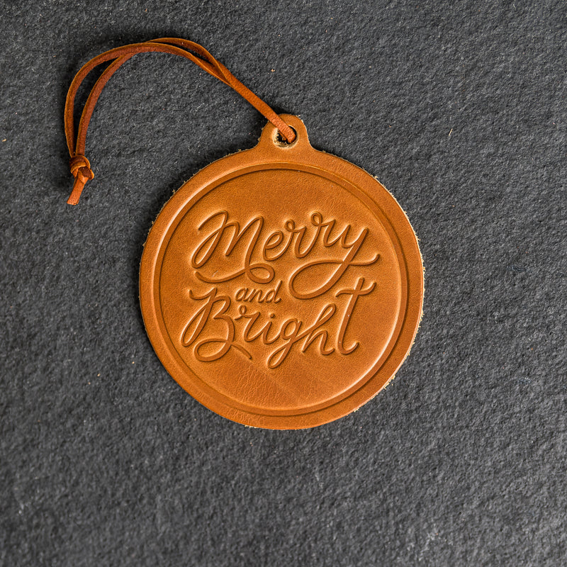 Merry & Bright Circle Shape Leather Christmas Ornament | Stocking Tags