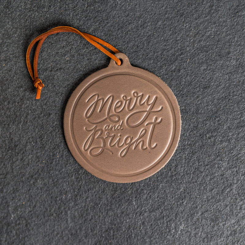 Merry & Bright Circle Shape Leather Christmas Ornament | Stocking Tags