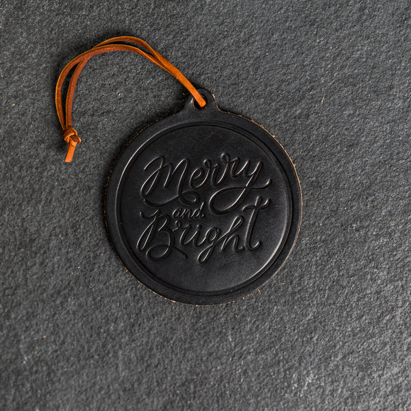 Merry & Bright Circle Shape Leather Christmas Ornament | Stocking Tags