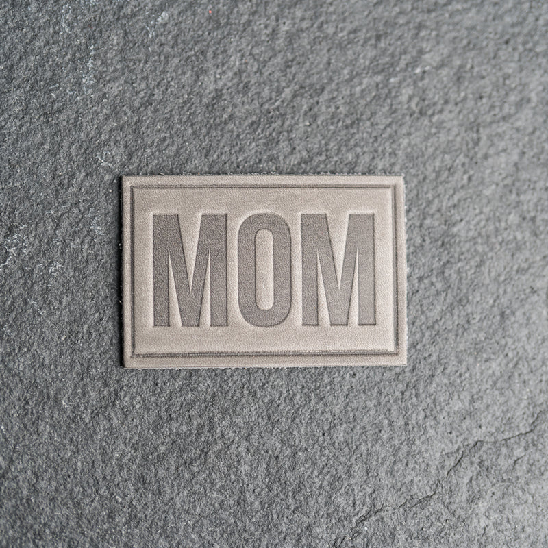 Mom Block Font Stamp Leather Patches with optional Velcro added