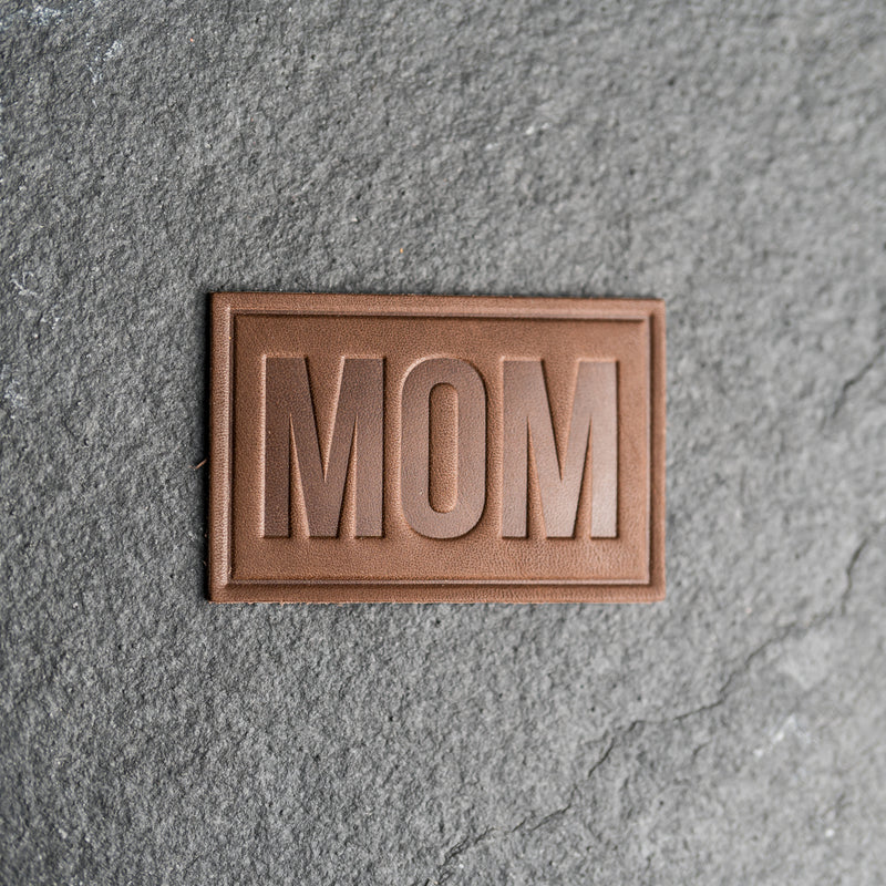 Mom Block Font Stamp Leather Patches with optional Velcro added