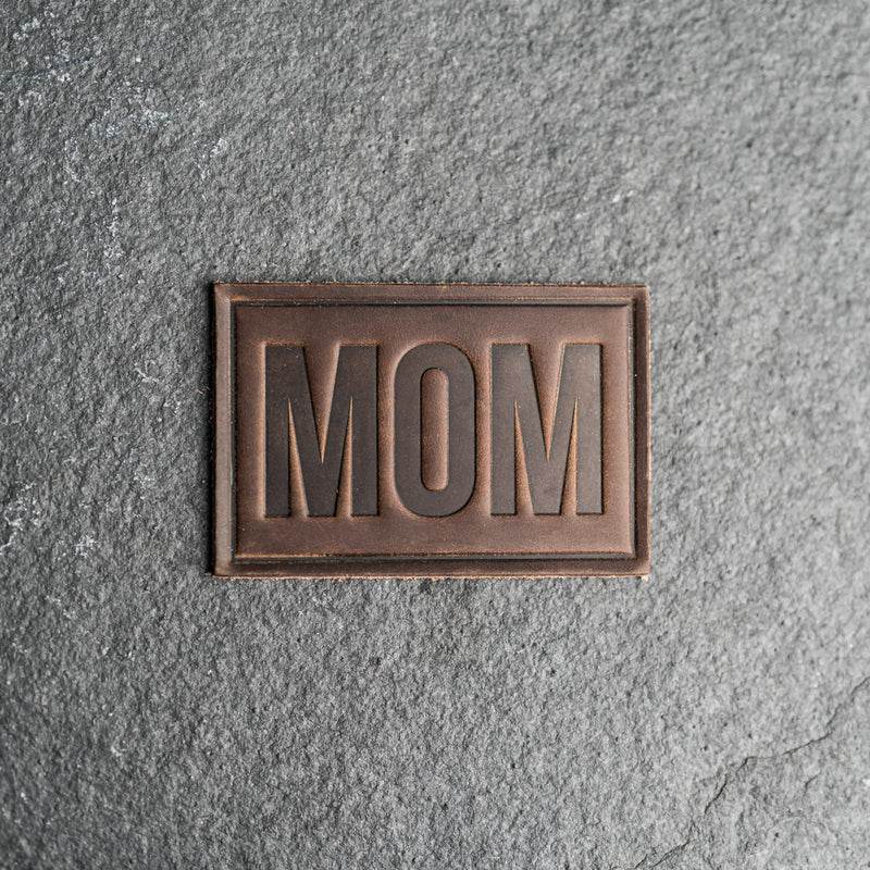 Mom Block Font Stamp Leather Patches with optional Velcro added