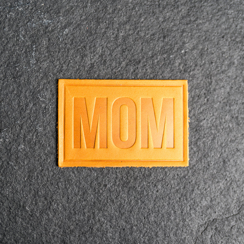 Mom Block Font Stamp Leather Patches with optional Velcro added