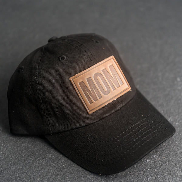 Leather Patch Unstructured Style Hat - Mom Stamp - Block Font