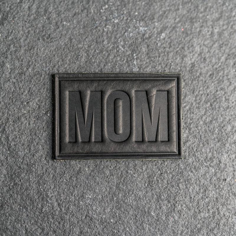 Mom Block Font Stamp Leather Patches with optional Velcro added