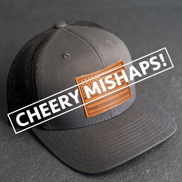 Cheery Mishaps - Leather Patch Trucker Style Hats - 30+ Stamp Design Options