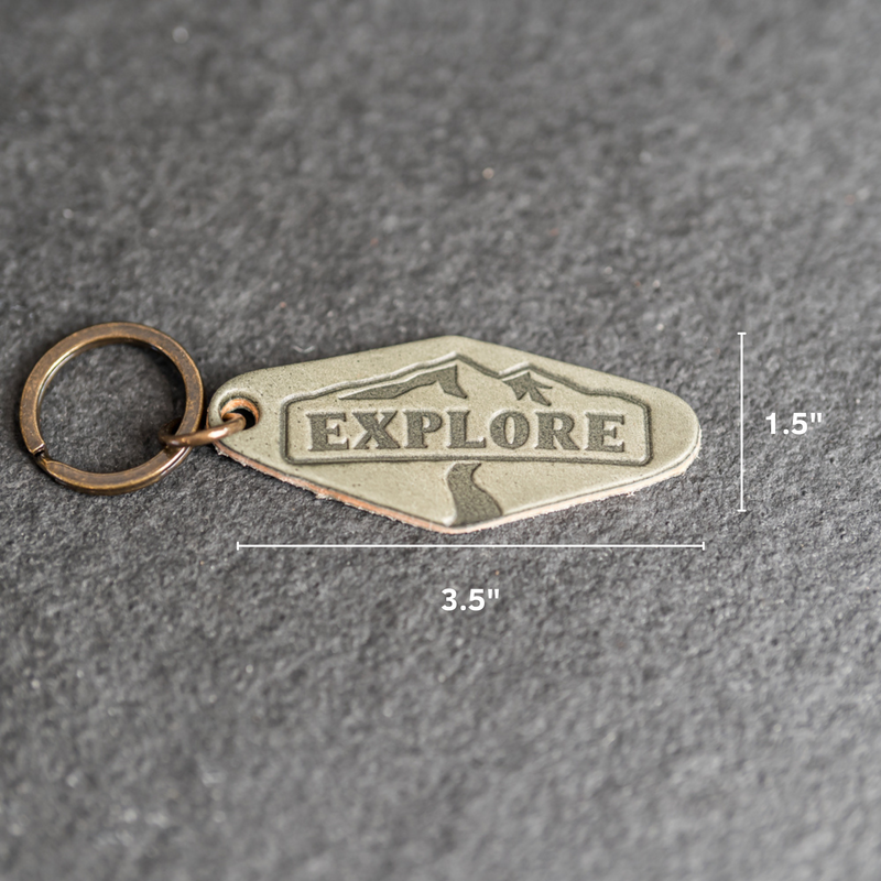 Leather Motel Key Shape Keychain with Explore Stamp Design