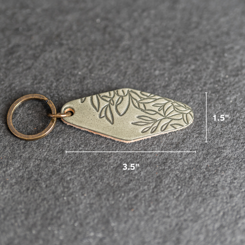 Leather Motel Key Shape Keychain with Floral Stamp Design