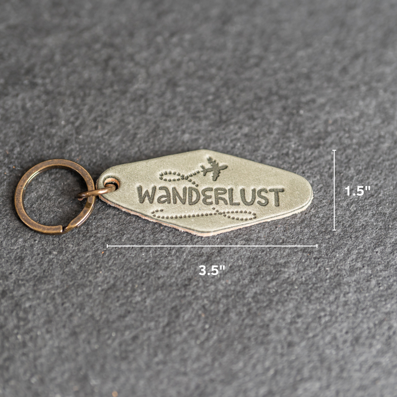 Leather Motel Key Shape Keychain with Wanderlust Stamp Design