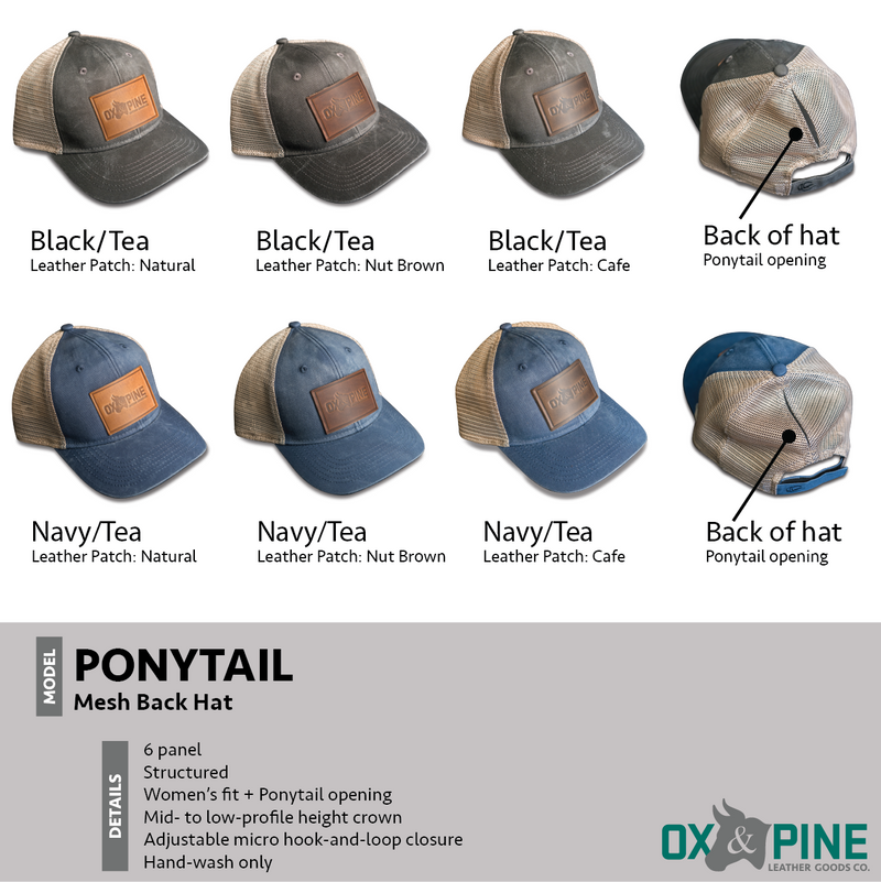 Cheery Mishaps - Leather Patch Ponytail Style Hats - 30+ Stamp Design Options