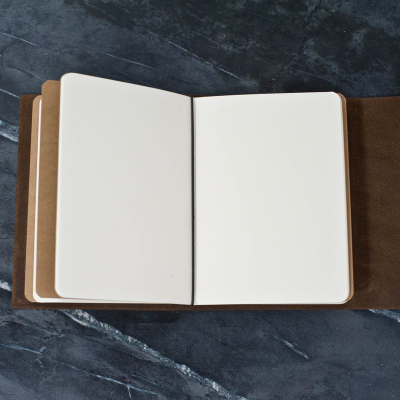 Personalized Refillable Snap Leather Journal - Inside view of notebooks and elastic - Ox & Pine