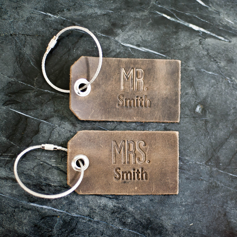 Personalized Mr and Mrs Leather Luggage Tags - Rustic Brown - Last Name Added - Wedding Gift, Couple Gift, Anniversary Gift - Ox & Pine
