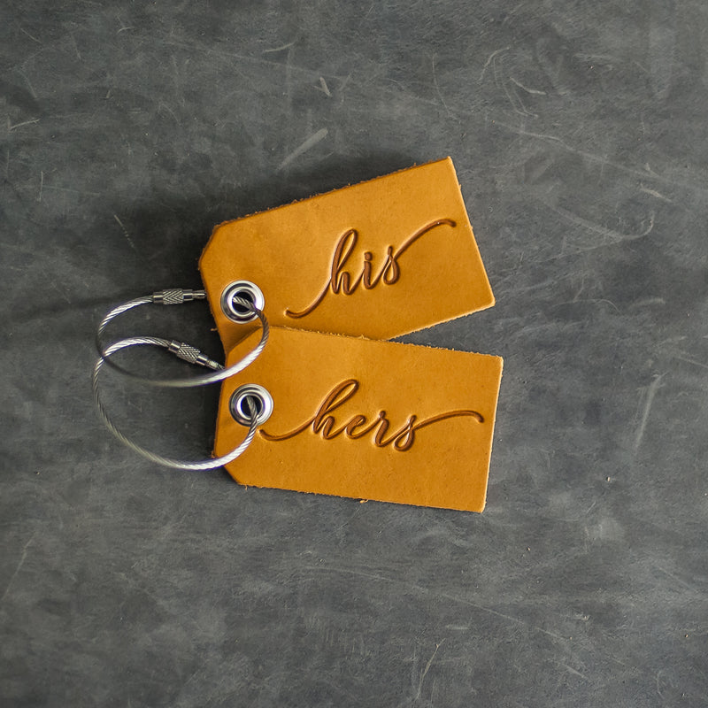Set of His and Hers Stamped Leather Luggage Tags
