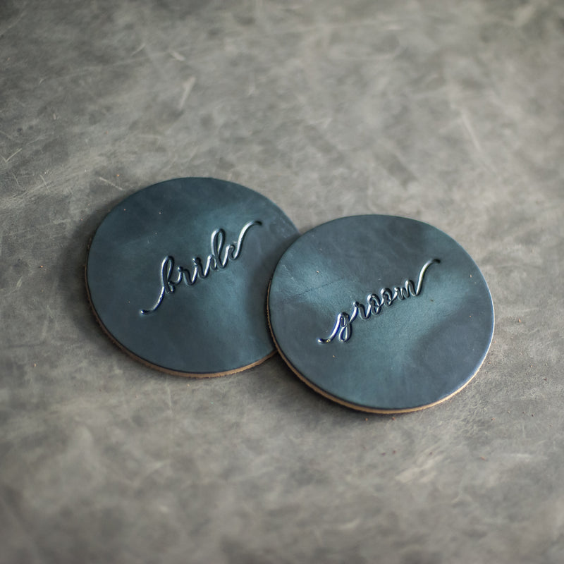Bride and Groom Wedding Leather Coasters - Deep Ocean Leather Color from Ox & Pine Leather Goods