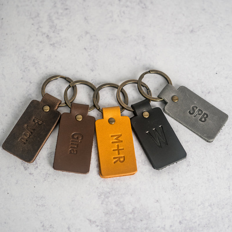 Ox & Pine Double-Sided Rectangle Keychain |Personalized Premium Leather Keychain | Custom Key Fob | Leather Gift Handmade in The USA Rustic Brown