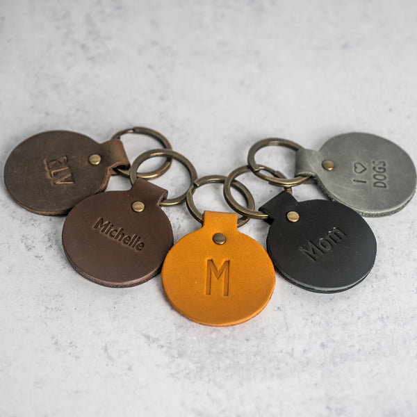 NorthwindSupply Personalized Leather Keychain L Monogrammed Leather Keychain USA Made Tan / Gold Foil / Silver