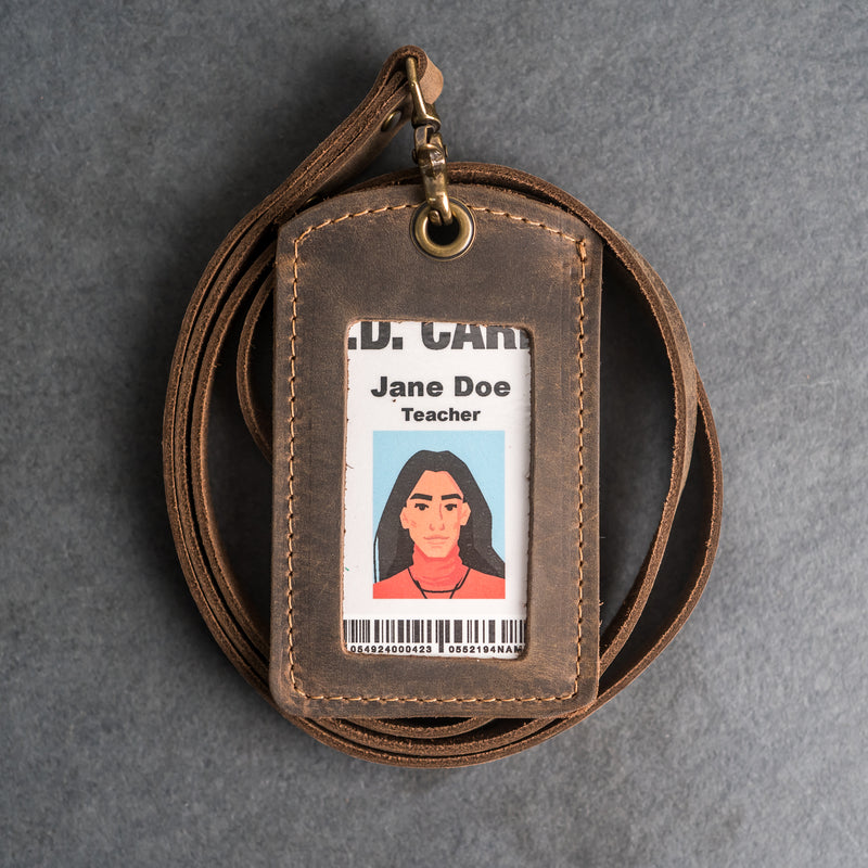 Leather ID Card Holder with Lanyard | Personalized Leather Badge Holder with Lanyard