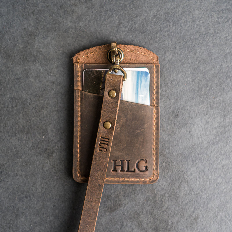 Leather ID Card Holder with Lanyard | Personalized Leather Badge Holder with Lanyard Dark Brown / Short Leather ID Card Holder with Lanyard | Personalized Leather Badge Holder with Lanyard Dark Brown / Short