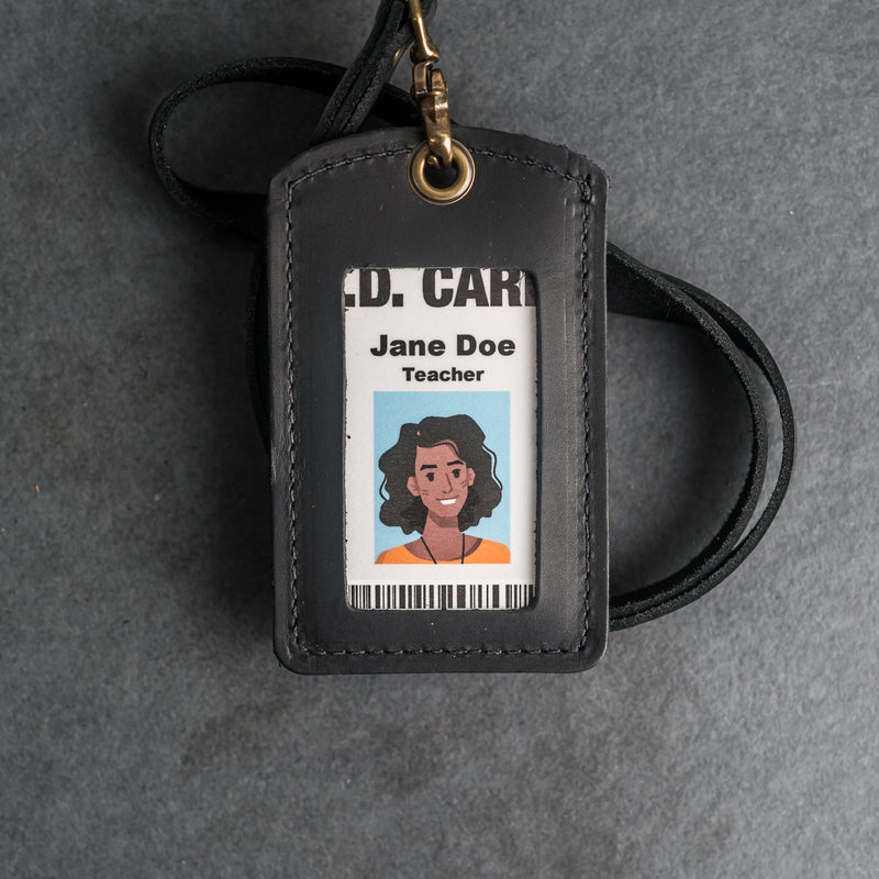 Leather ID Card Holder with Lanyard | Personalized Leather Badge Holder with Lanyard Black / Short