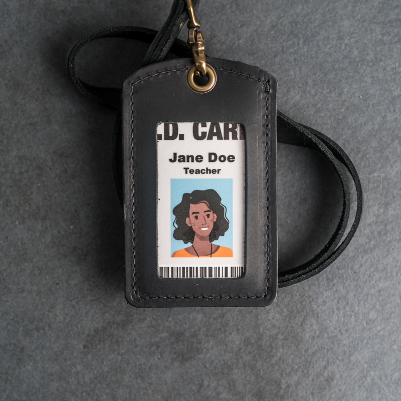 Leather ID Card Holder with Lanyard | Personalized Leather Badge Holder with Lanyard Black / Long Leather ID Card Holder with Lanyard | Personalized Leather Badge Holder with Lanyard Black / Long