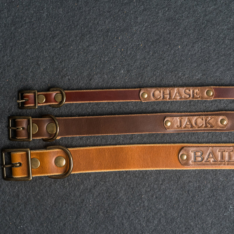 Classic Leather Dog Collar with Metal/Brass Engraved Buckle