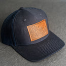 LIMITED EDITION - Navy Color YOUTH Trucker Style Hat with Leather Patch - 20 Stamp Design Options