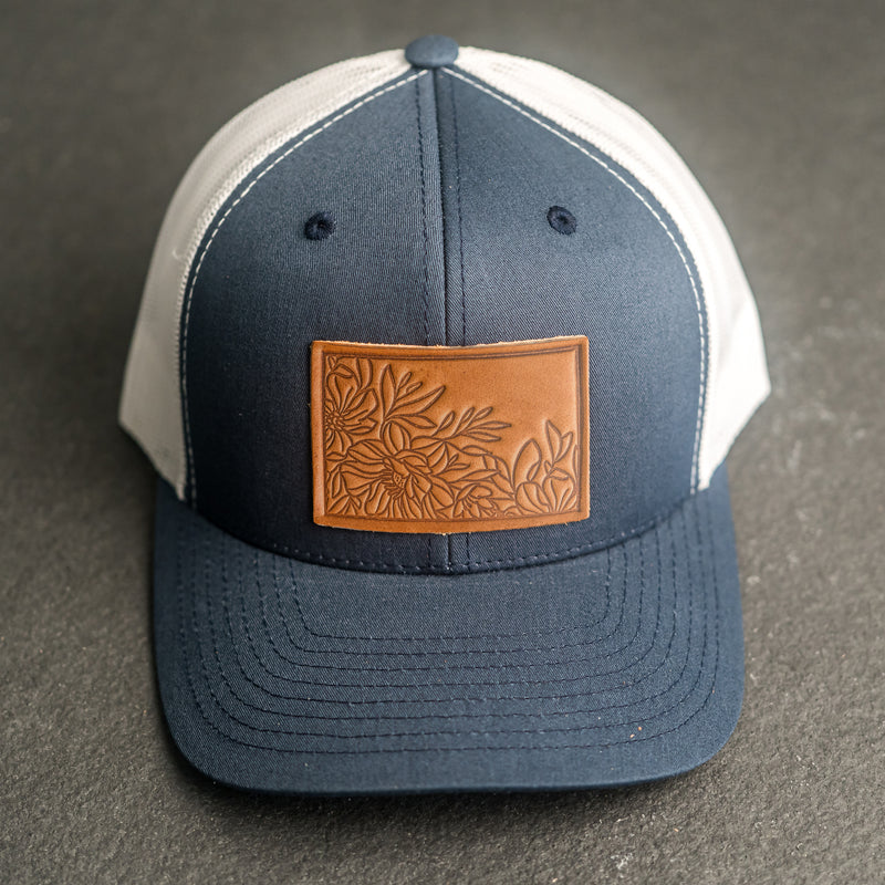 Leather Patch Trucker Style Hat - Floral Stamp
