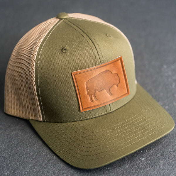 Leather Patch Trucker Style Hat - Bison Stamp