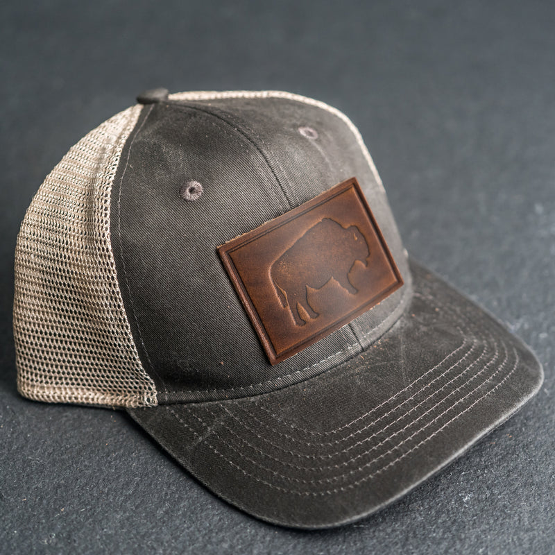 Leather Patch Ponytail Style Hat - Bison Stamp