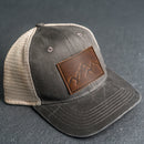 Leather Patch Ponytail Style Hat - Mountain Range Stamp