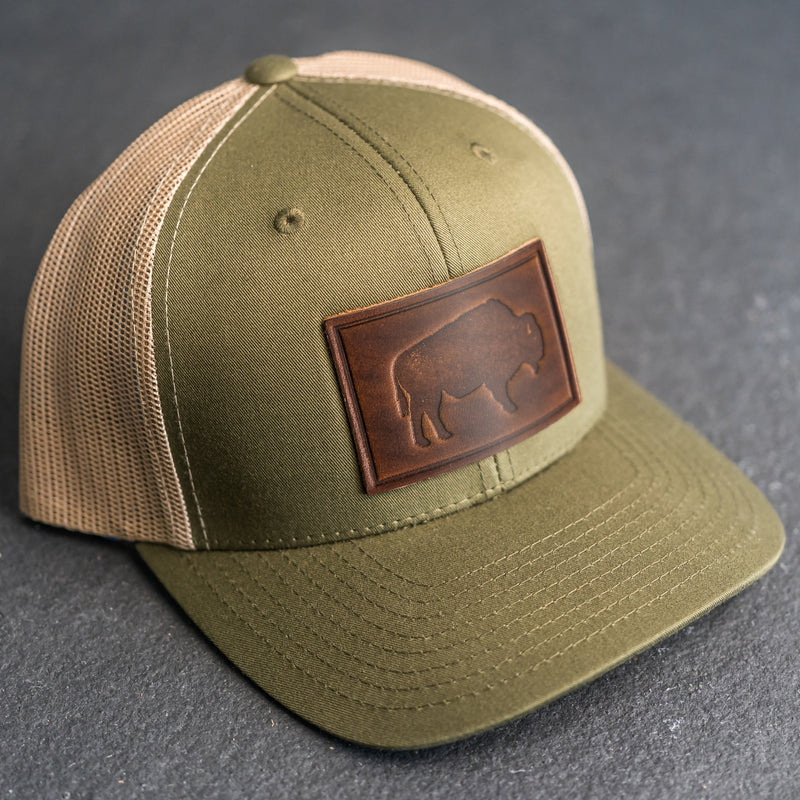 Leather Patch Trucker Style Hat - Bison Stamp