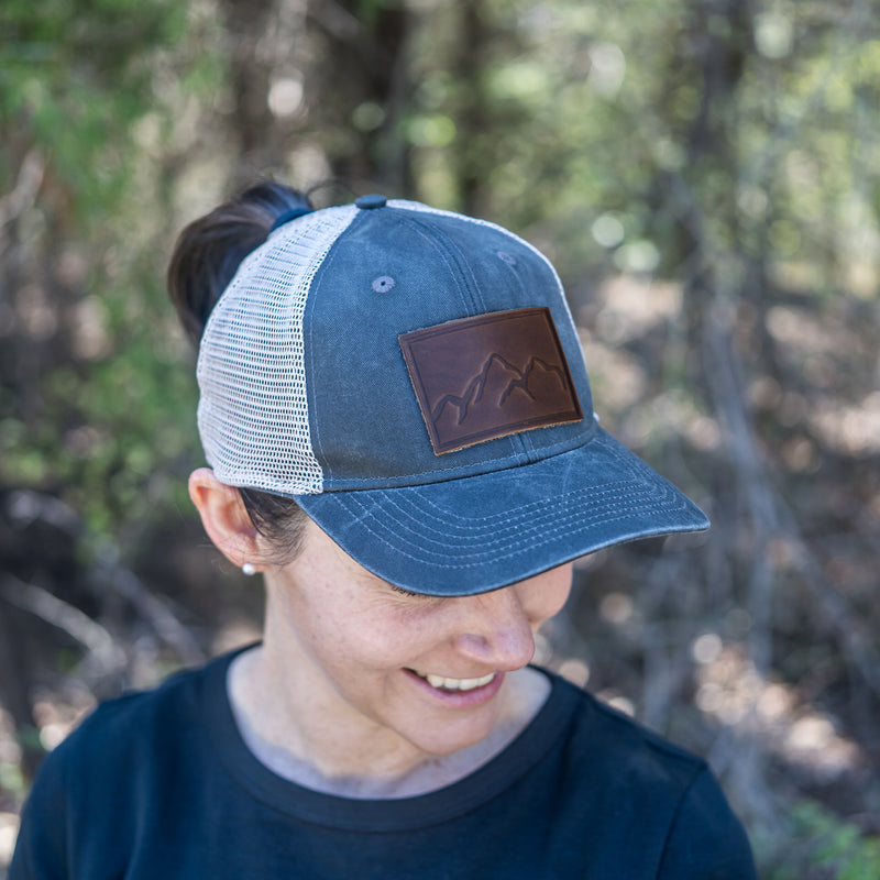 Leather Patch Ponytail Style Hat - Mountain Range Stamp