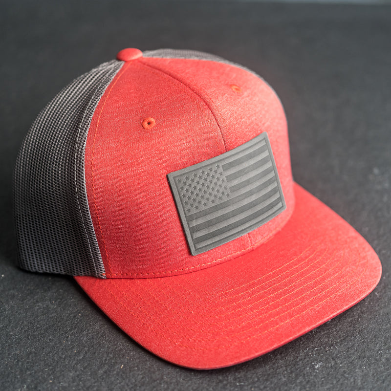 Leather Patch Performance Style Trucker Hat - American Flag Stamp
