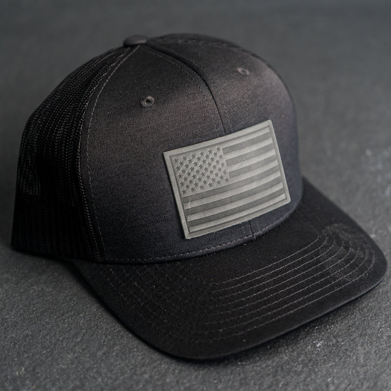 Leather Patch Performance Style Trucker Hat - American Flag Stamp
