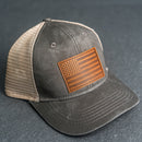 Leather Patch Ponytail Style Hat - American Flag Stamp