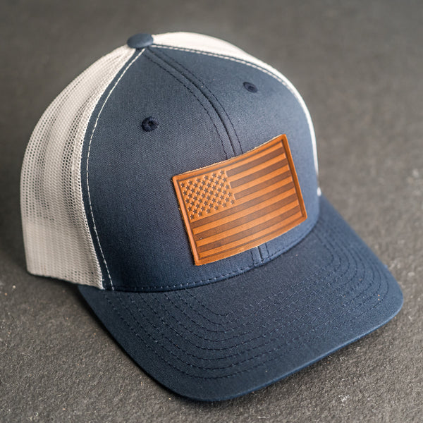 Leather Patch Trucker Style Hat - American Flag Stamp