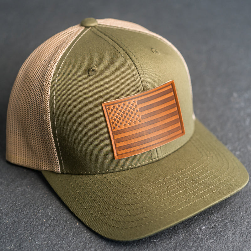 Leather Patch Trucker Style Hat - American Flag Stamp