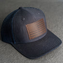 LIMITED EDITION - Navy Color YOUTH Trucker Style Hat with Leather Patch - 20 Stamp Design Options