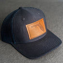 LIMITED EDITION - Navy Color YOUTH Trucker Style Hat with Leather Patch - 20 Stamp Design Options