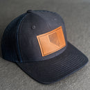 LIMITED EDITION - Navy Color YOUTH Trucker Style Hat with Leather Patch - 20 Stamp Design Options