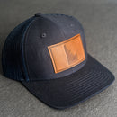LIMITED EDITION - Navy Color YOUTH Trucker Style Hat with Leather Patch - 20 Stamp Design Options