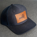 LIMITED EDITION - Navy Color YOUTH Trucker Style Hat with Leather Patch - 20 Stamp Design Options