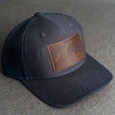 LIMITED EDITION - Navy Color YOUTH Trucker Style Hat with Leather Patch - 20 Stamp Design Options