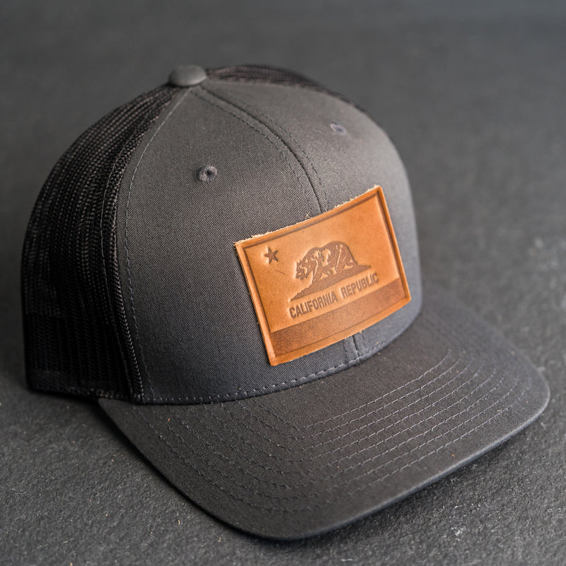 Leather Patch Trucker Style Hat - California Flag Stamp