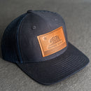LIMITED EDITION - Navy Color YOUTH Trucker Style Hat with Leather Patch - 20 Stamp Design Options