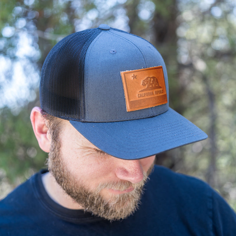 Leather Patch Trucker Style Hat - California Flag Stamp
