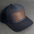 LIMITED EDITION - Navy Color YOUTH Trucker Style Hat with Leather Patch - 20 Stamp Design Options