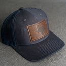LIMITED EDITION - Navy Color YOUTH Trucker Style Hat with Leather Patch - 20 Stamp Design Options