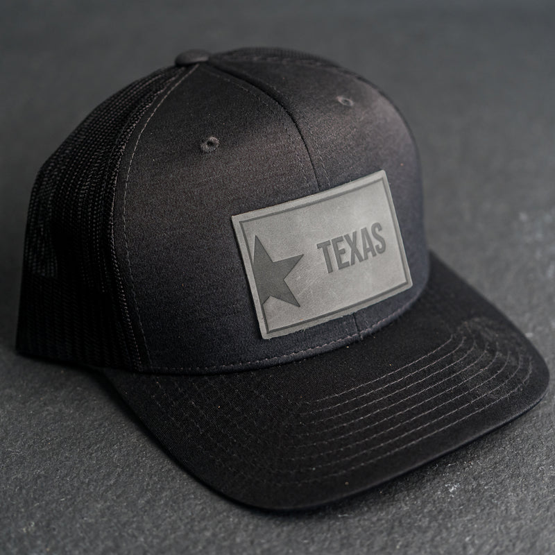 Leather Patch Performance Style Trucker Hat - Texas License Plate Stamp