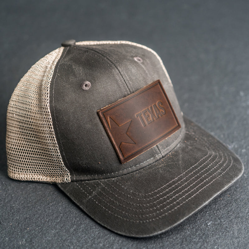 Leather Patch Ponytail Style Hat - Texas License Plate Stamp